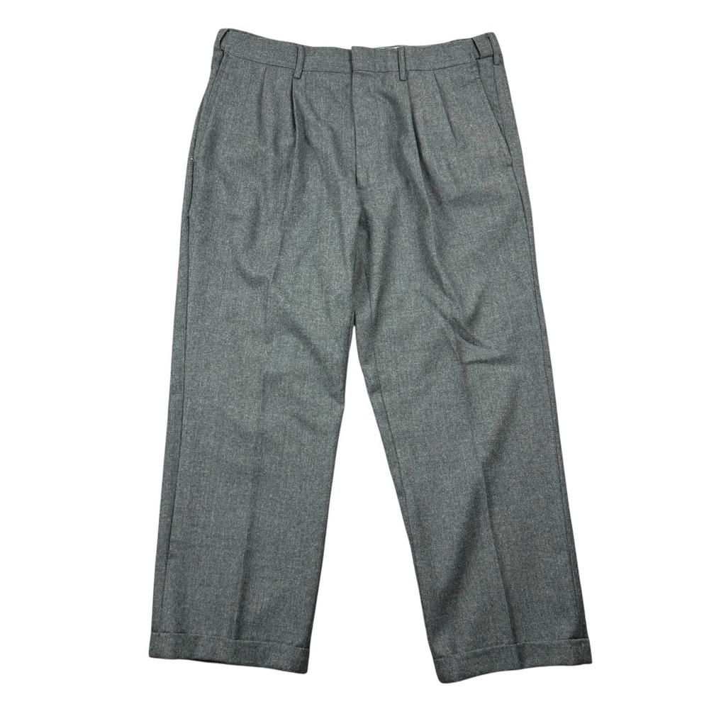 Orvis Wool Trouser Pants Men 36x27 Gray Pleated Cuffed Dress Pants Stretch Waist